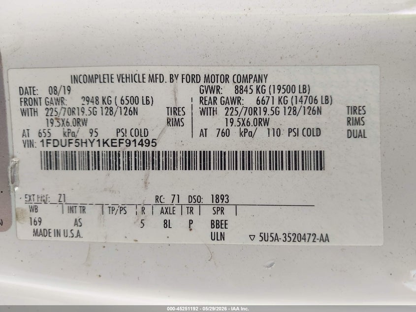 2019 Ford Xl White Lot 111045251192 Vin 1FDUF5HY1KEF91495