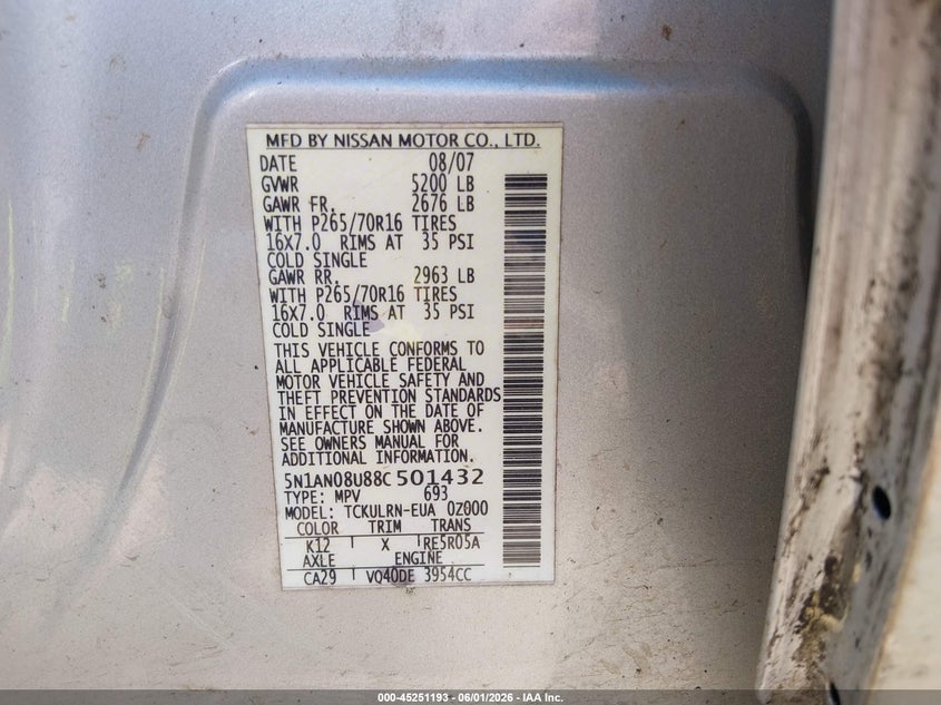 2008 Nissan Xterra S VIN: 5N1AN08U88C501432 Lot: 45251193