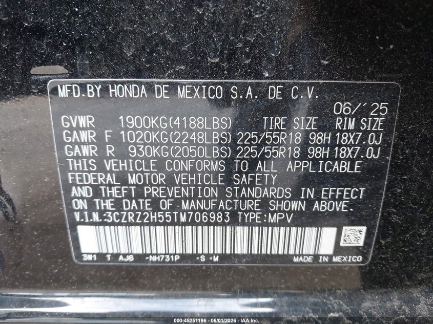 2026 Honda Hr-V Awd Sport VIN: 3CZRZ2H55TM706983 Lot: 45251196