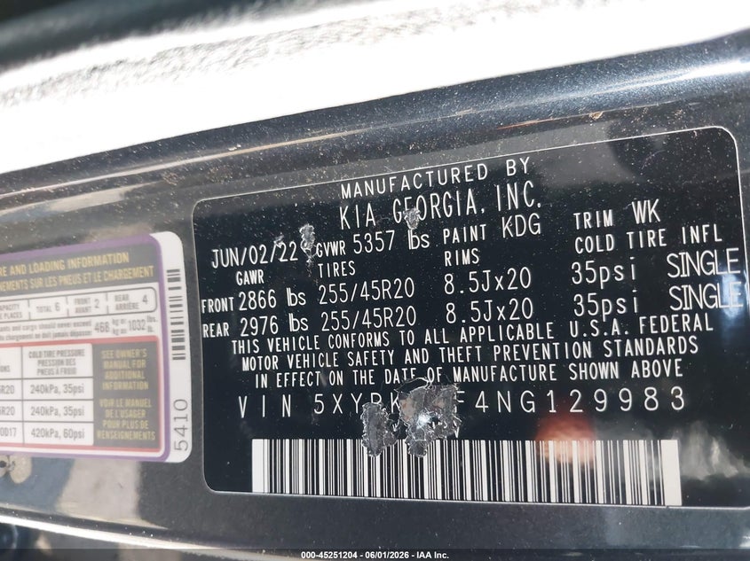 2022 Kia Sorento Sx VIN: 5XYRK4LF4NG129983 Lot: 45251204