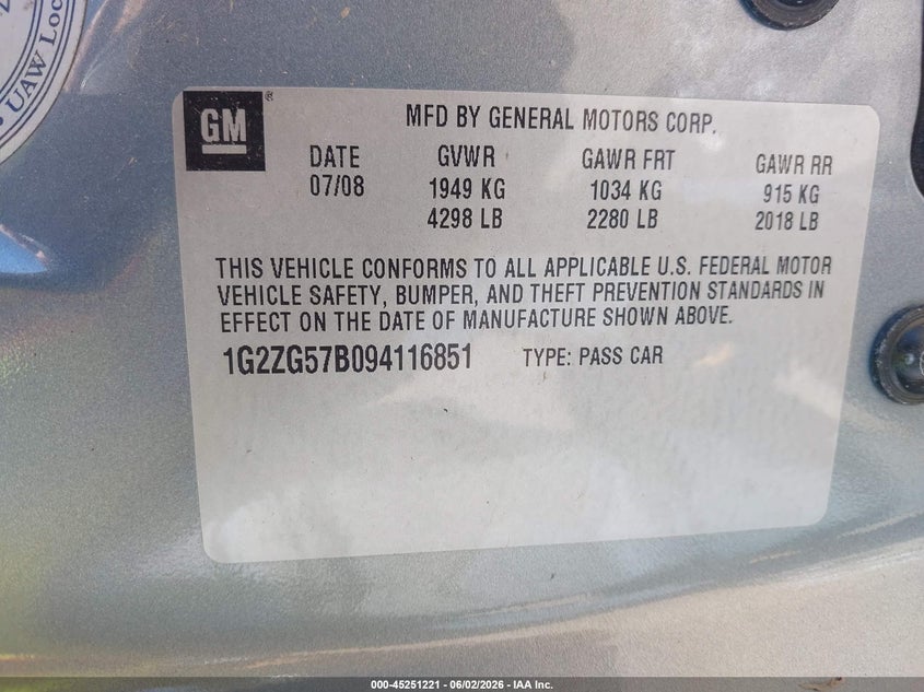 2009 Pontiac G6 VIN: 1G2ZG57B094116851 Lot: 45251221