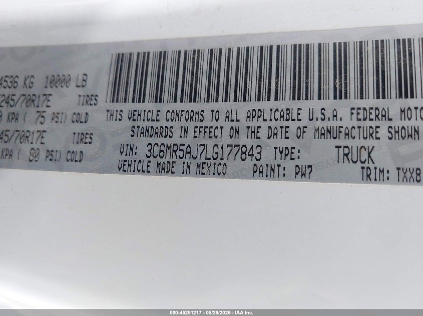 2020 Ram 2500 Tradesman 4X4 8' Box VIN: 3C6MR5AJ7LG177843 Lot: 45251217