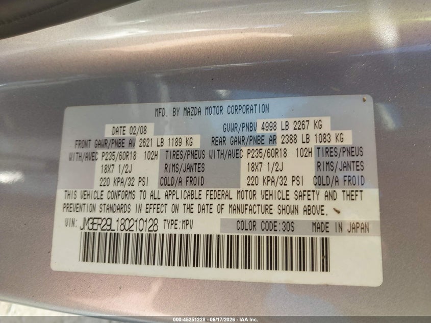 2008 Mazda Cx-7 Grand Touring VIN: JM3ER29L180210128 Lot: 45251228