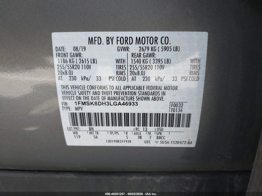 VIN 1FMSK8DH3LGA46933 2020 FORD EXPLORER XLT