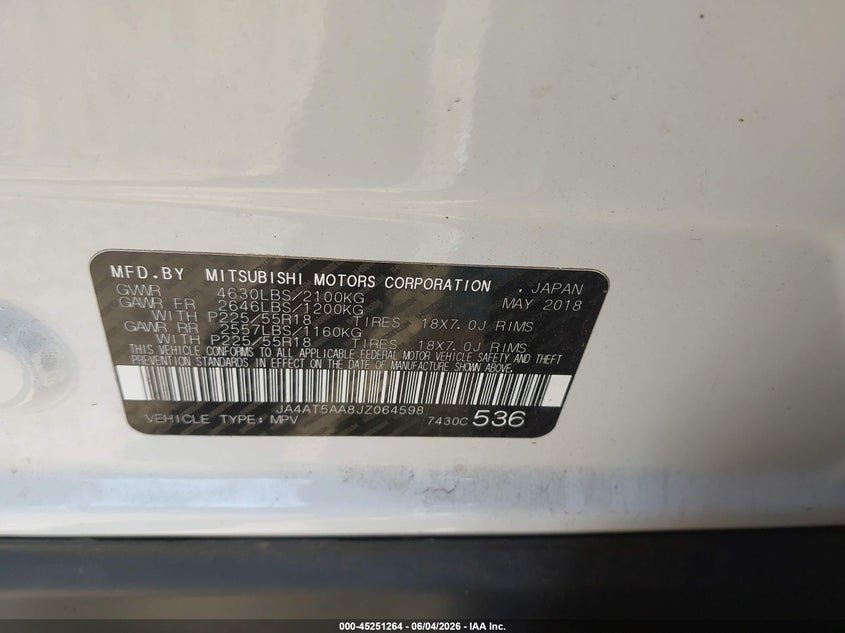 2018 Mitsubishi Eclipse Cross Se VIN: JA4AT5AA8JZ064598 Lot: 45251264
