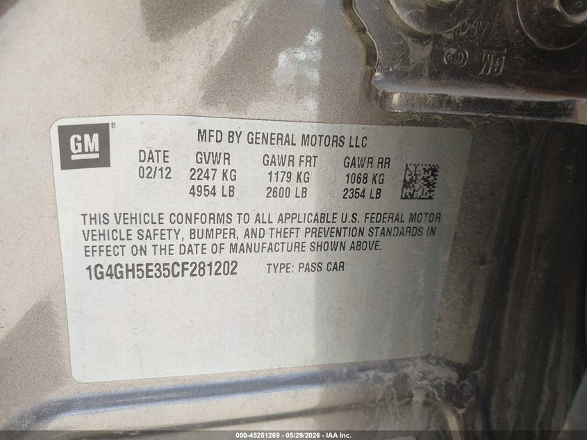 2012 Buick Lacrosse 3.6 Lacrosse Premium 3 Group grey Lot 111045251269 Vin 1G4GH5E35CF281202