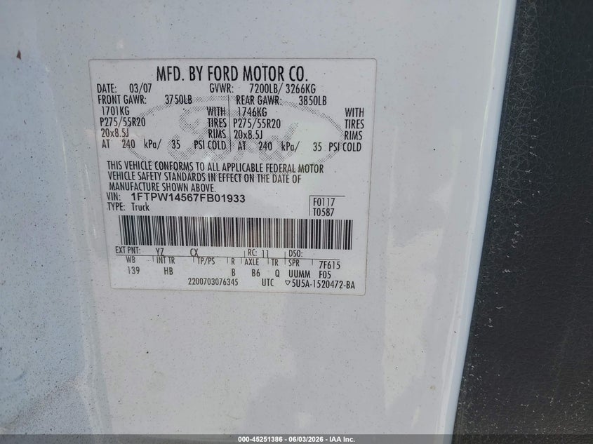 2007 Ford F-150 Fx4/Lariat/Xlt VIN: 1FTPW14567FB01933 Lot: 45251386