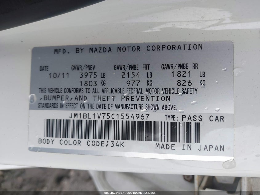 JM1BL1V75C1554967 2012 Mazda 3 2.0 I Touring white