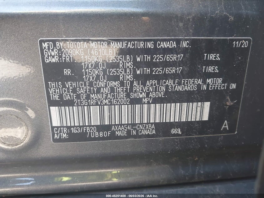 2021 Toyota Rav4 Le VIN: 2T3G1RFV3MC162002 Lot: 45251408