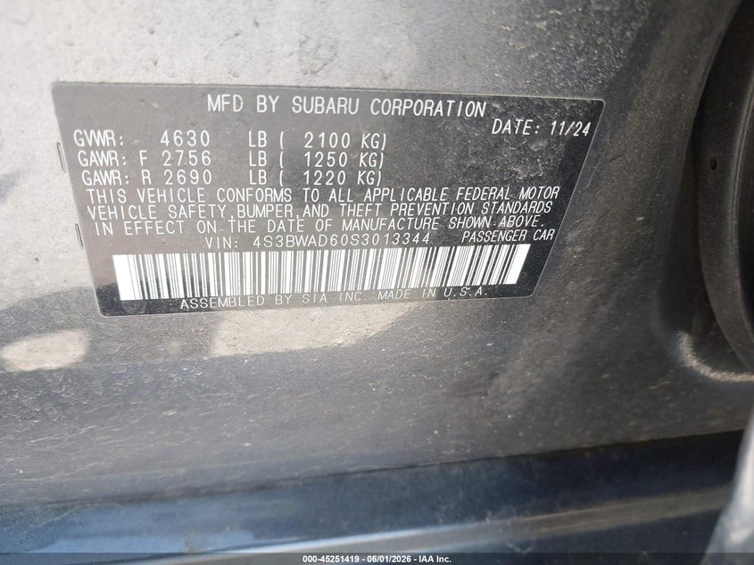 2025 Subaru Legacy Premium VIN: 4S3BWAD60S3013344 Lot: 45251419