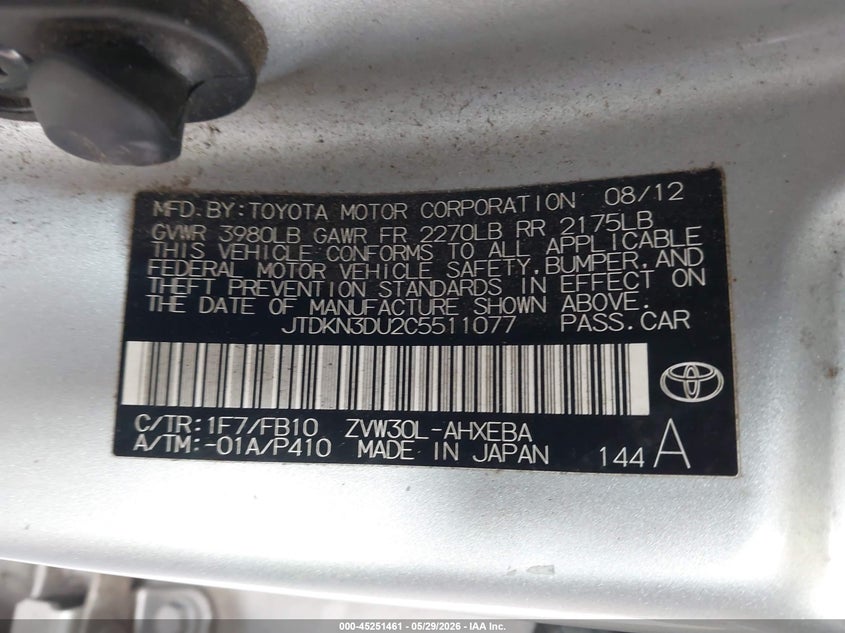 2012 Toyota Prius 1.8 Three silver Lot 111045251461 Vin JTDKN3DU2C5511077
