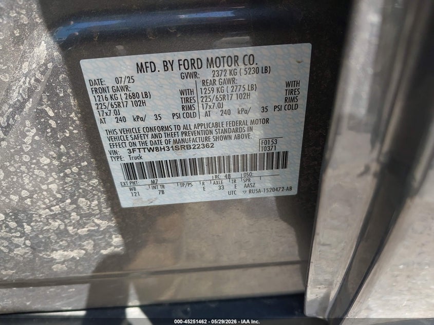 2025 Ford Maverick Xlt VIN: 3FTTW8H31SRB22362 Lot: 45251462