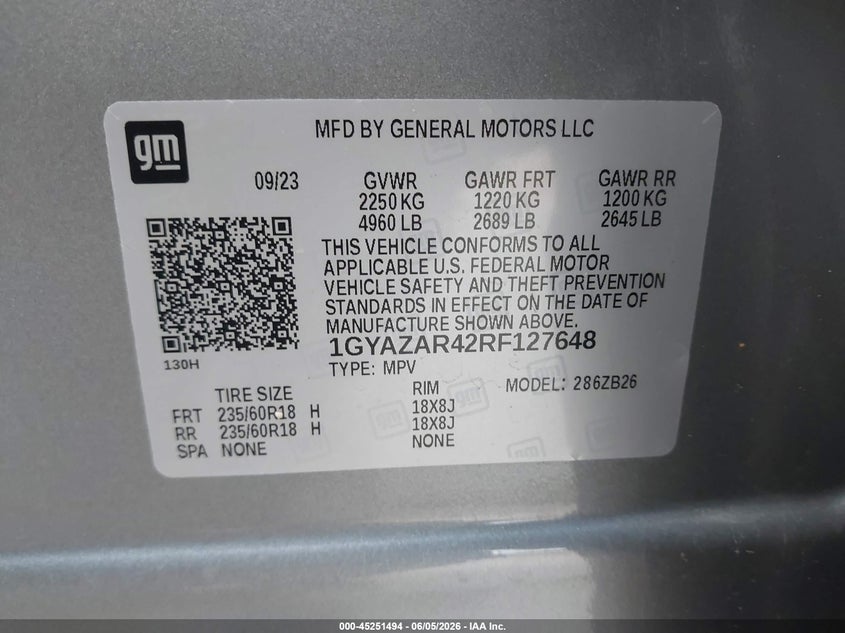 2024 Cadillac Xt4 Fwd Luxury VIN: 1GYAZAR42RF127648 Lot: 45251494