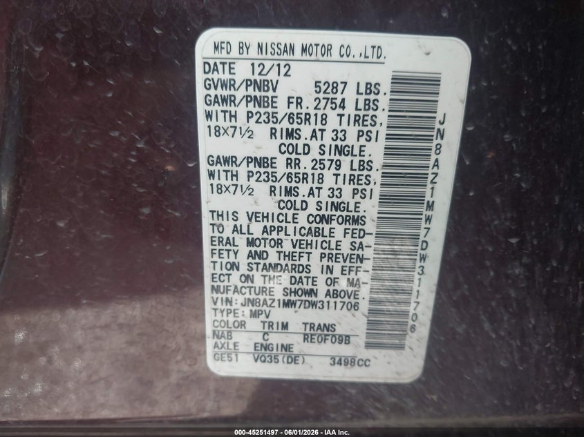 2013 Nissan Murano Sv VIN: JN8AZ1MW7DW311706 Lot: 45251497