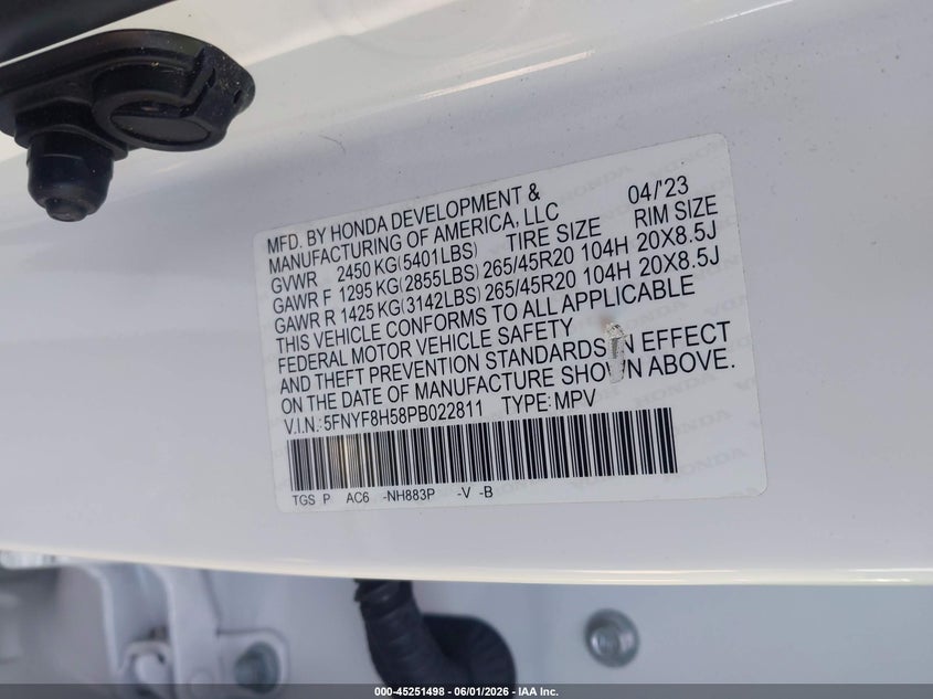 2023 Honda Passport Awd Ex-L VIN: 5FNYF8H58PB022811 Lot: 45251498