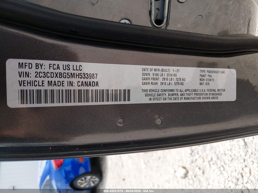2021 Dodge Charger Sxt Rwd VIN: 2C3CDXBG5MH533987 Lot: 45251519