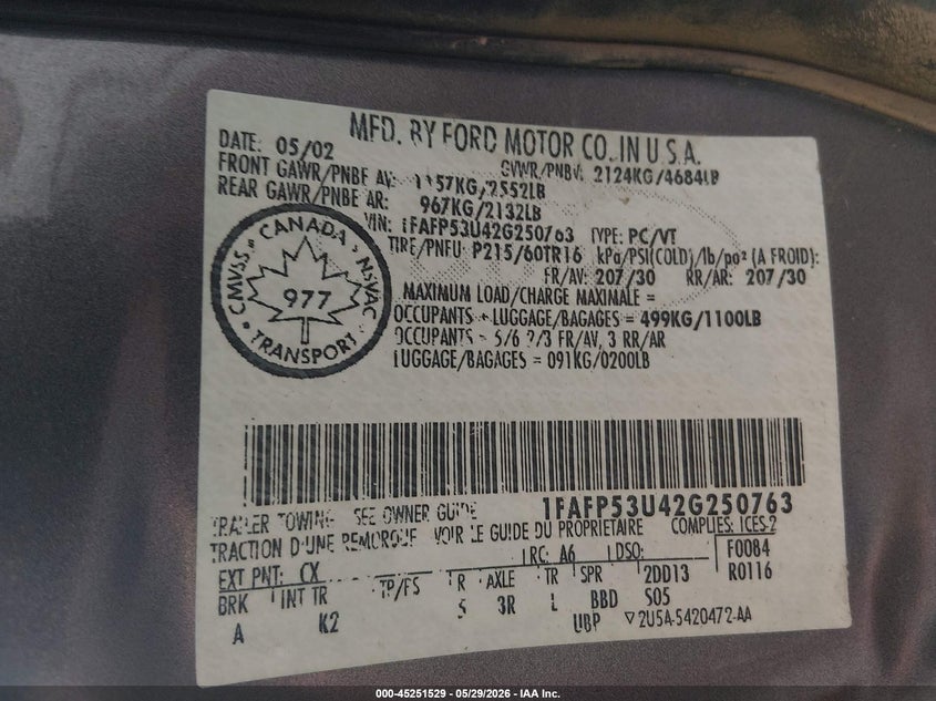 2002 Ford Taurus Se VIN: 1FAFP53U42G250763 Lot: 45251529