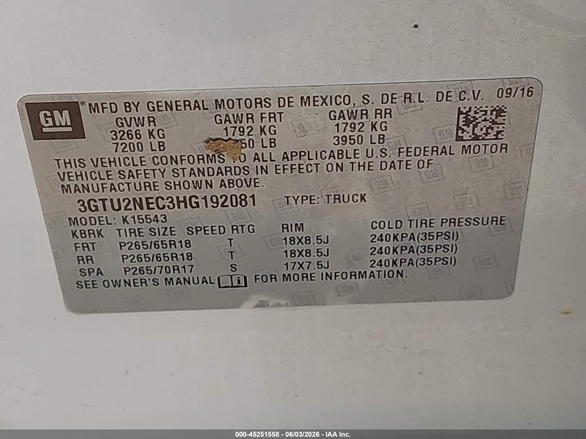 2017 GMC Sierra 1500 Slt VIN: 3GTU2NEC3HG192081 Lot: 45251558