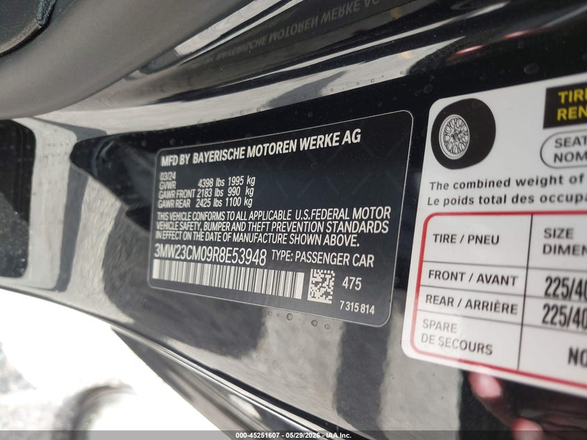 2024 BMW 230I VIN: 3MW23CM09R8E53948 Lot: 45251607