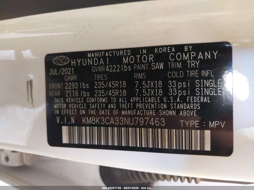 2022 Hyundai Kona N Line VIN: KM8K3CA33NU797463 Lot: 45251736