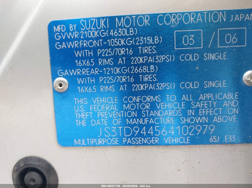 2006 Suzuki Grand Vitara Xsport VIN: JS3TD944564102979 Lot: 45251748