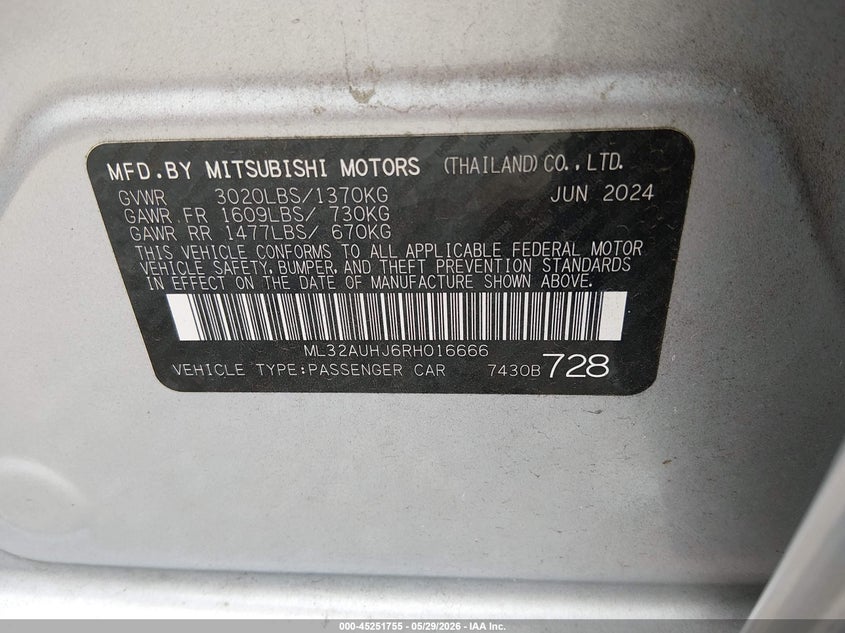 2024 Mitsubishi Mirage Es/Le VIN: ML32AUHJ6RH016666 Lot: 45251755
