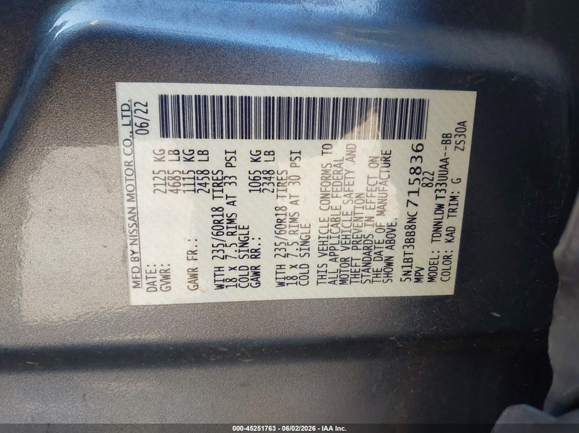 2022 Nissan Rogue Sv Intelligent Awd VIN: 5N1BT3BB8NC715836 Lot: 45251763