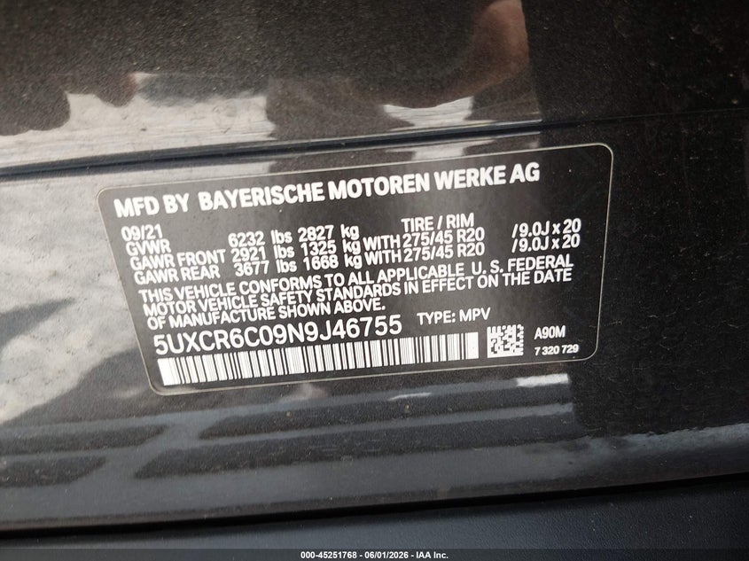 2022 BMW X5 xDrive40I VIN: 5UXCR6C09N9J46755 Lot: 45251768