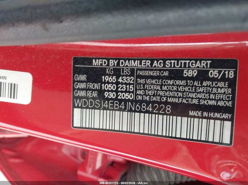 2018 Mercedes-Benz Cla 250 VIN: WDDSJ4EB4JN684228 Lot: 45251770