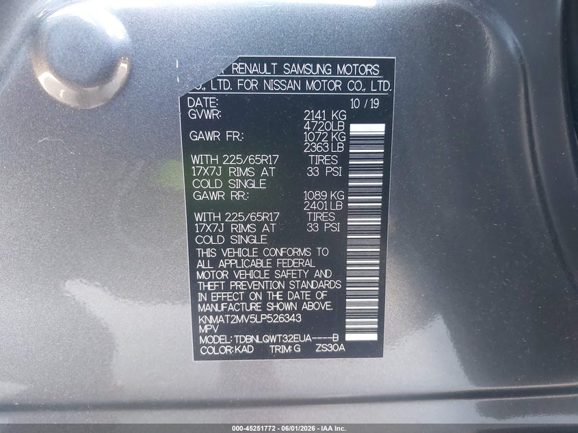 VIN KNMAT2MV5LP526343 2020 NISSAN ROGUE SV INTELLIGENT AWD