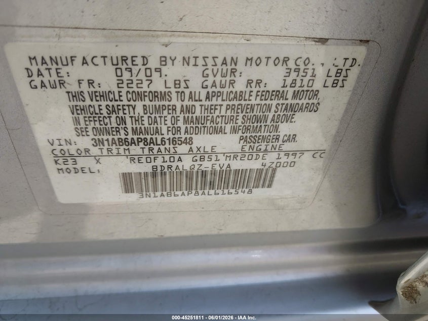 2010 Nissan Sentra 2.0 VIN: 3N1AB6AP8AL616548 Lot: 45251811