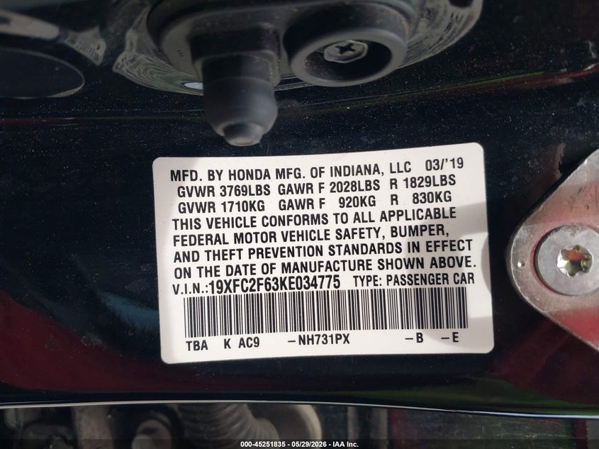VIN 19XFC2F63KE034775 2019 HONDA CIVIC LX
