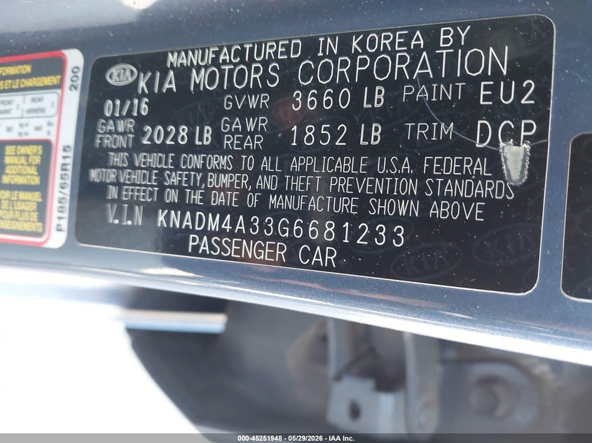 2016 Kia Rio Lx VIN: KNADM4A33G6681233 Lot: 45251948