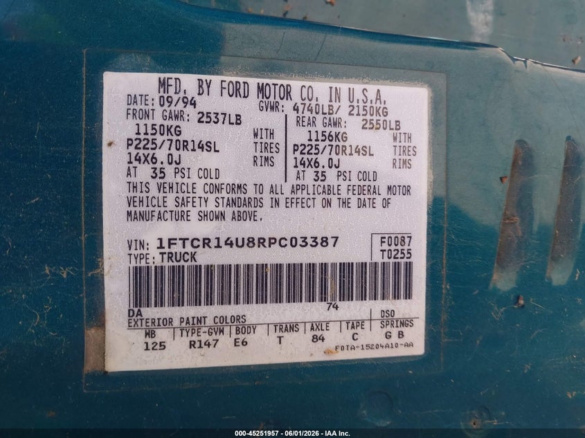 1994 Ford Ranger Super Cab VIN: 1FTCR14U8RPC03387 Lot: 45251957