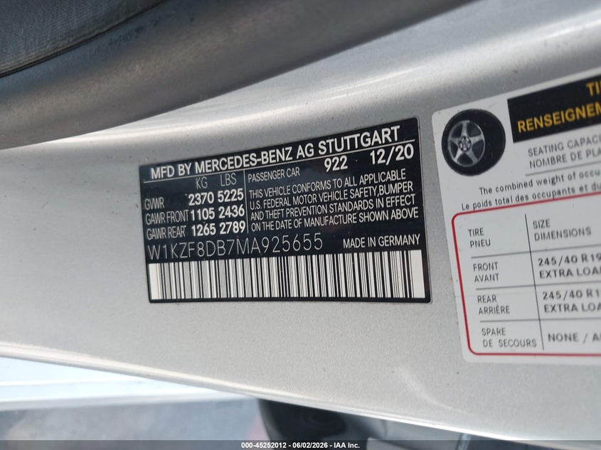 2021 Mercedes-Benz E 350 VIN: W1KZF8DB7MA925655 Lot: 45252012