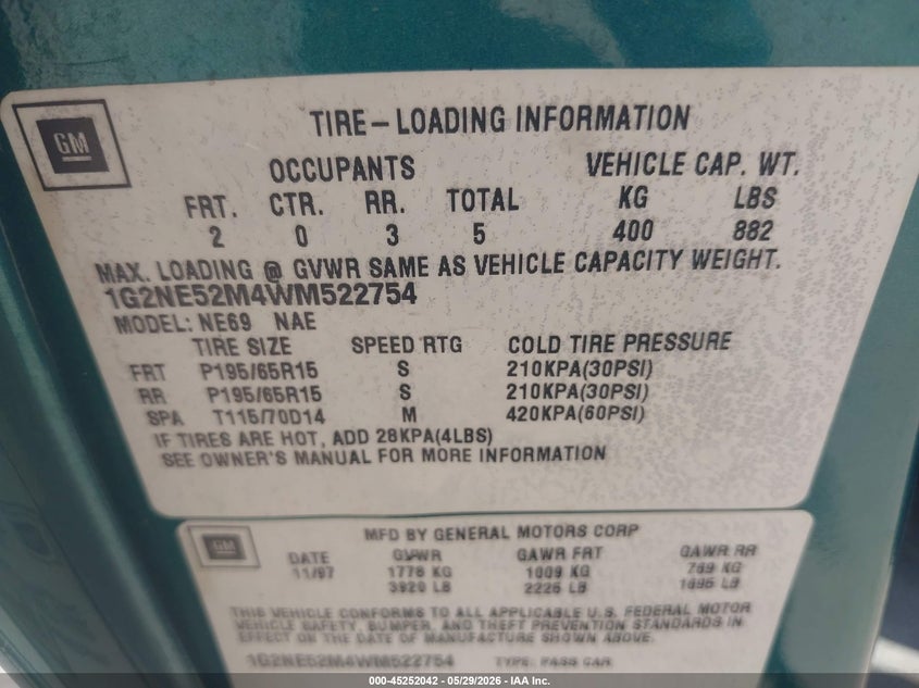1998 Pontiac Grand Am Se VIN: 1G2NE52M4WM522754 Lot: 45252042