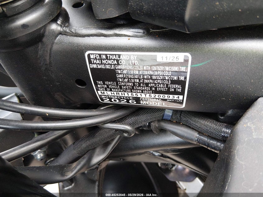 2026 Honda Cbr650 R VIN: MLHRH1551T5200934 Lot: 45252045