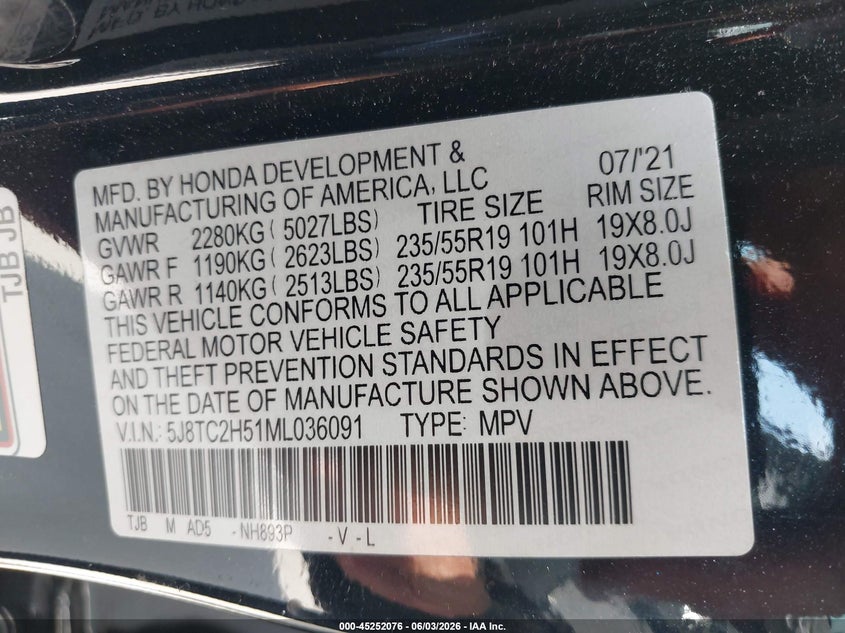 2021 Acura Rdx Technology Package VIN: 5J8TC2H51ML036091 Lot: 45252076
