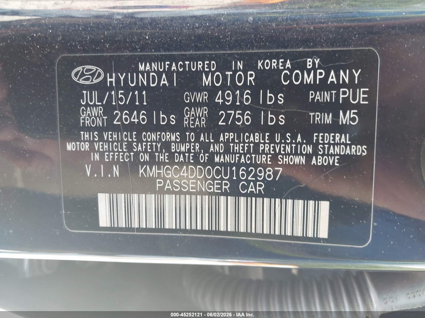 2012 Hyundai Genesis 3.8 blue Lot 111045252121 Vin KMHGC4DD0CU162987