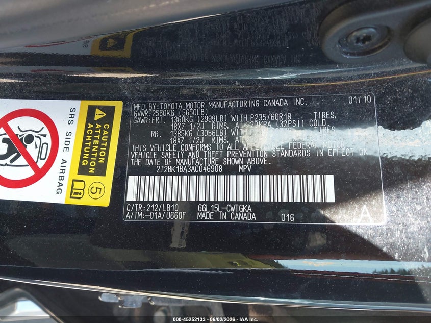 2010 Lexus Rx 350 VIN: 2T2BK1BA3AC046908 Lot: 45252133