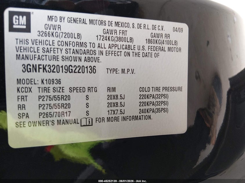 2009 Chevrolet Avalanche 1500 Ltz VIN: 3GNFK32019G220136 Lot: 45252139