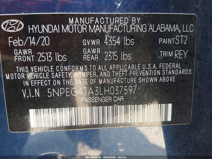 2020 Hyundai Sonata Se VIN: 5NPEG4JA3LH037597 Lot: 45252145