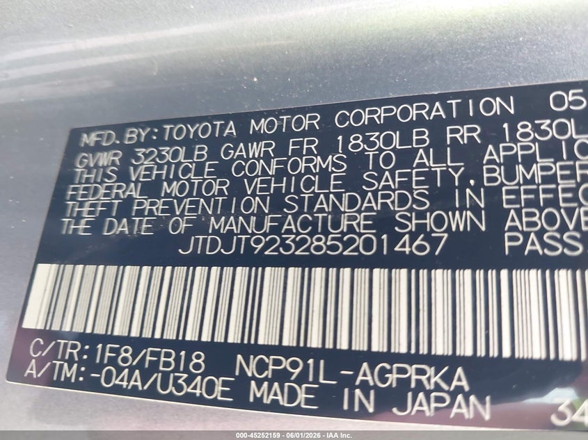 2008 Toyota Yaris VIN: JTDJT923285201467 Lot: 45252159