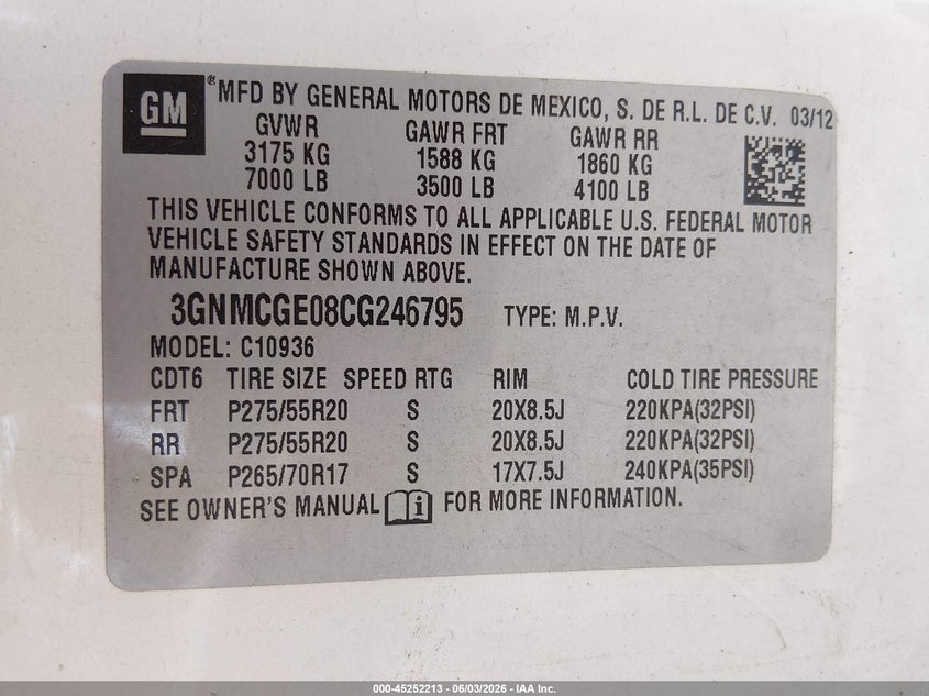 2012 Chevrolet Avalanche 1500 Ltz VIN: 3GNMCGE08CG246795 Lot: 45252213