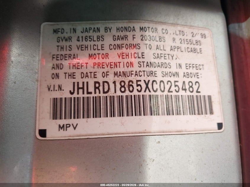 1999 Honda Cr-V Ex VIN: JHLRD1865XC025482 Lot: 45252223