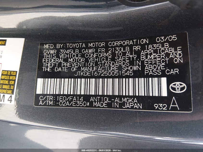 2005 Scion Tc VIN: JTKDE167250051545 Lot: 45252231