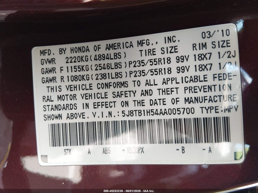 2010 Acura Rdx VIN: 5J8TB1H54AA005700 Lot: 45252236
