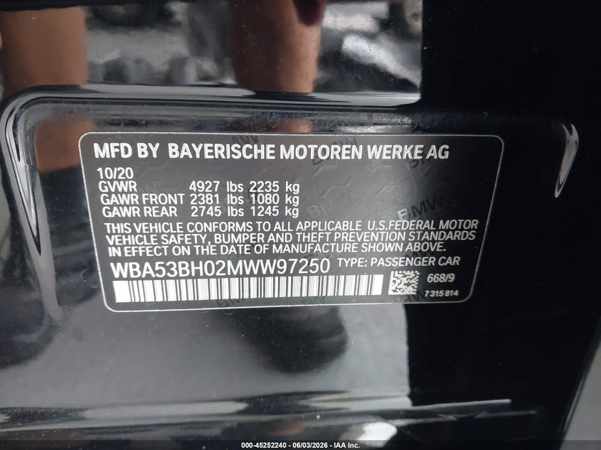 2021 BMW 530I VIN: WBA53BH02MWW97250 Lot: 45252240