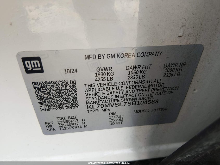 2025 Chevrolet Trailblazer Fwd Activ VIN: KL79MVSL7SB104568 Lot: 45252296