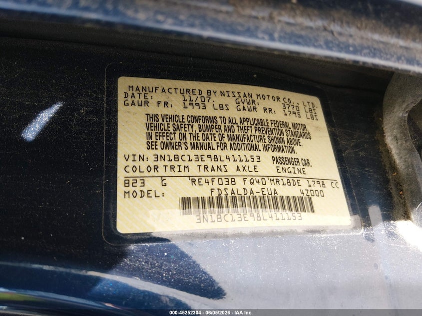 2008 Nissan Versa 1.8S VIN: 3N1BC13E98L411153 Lot: 45252304